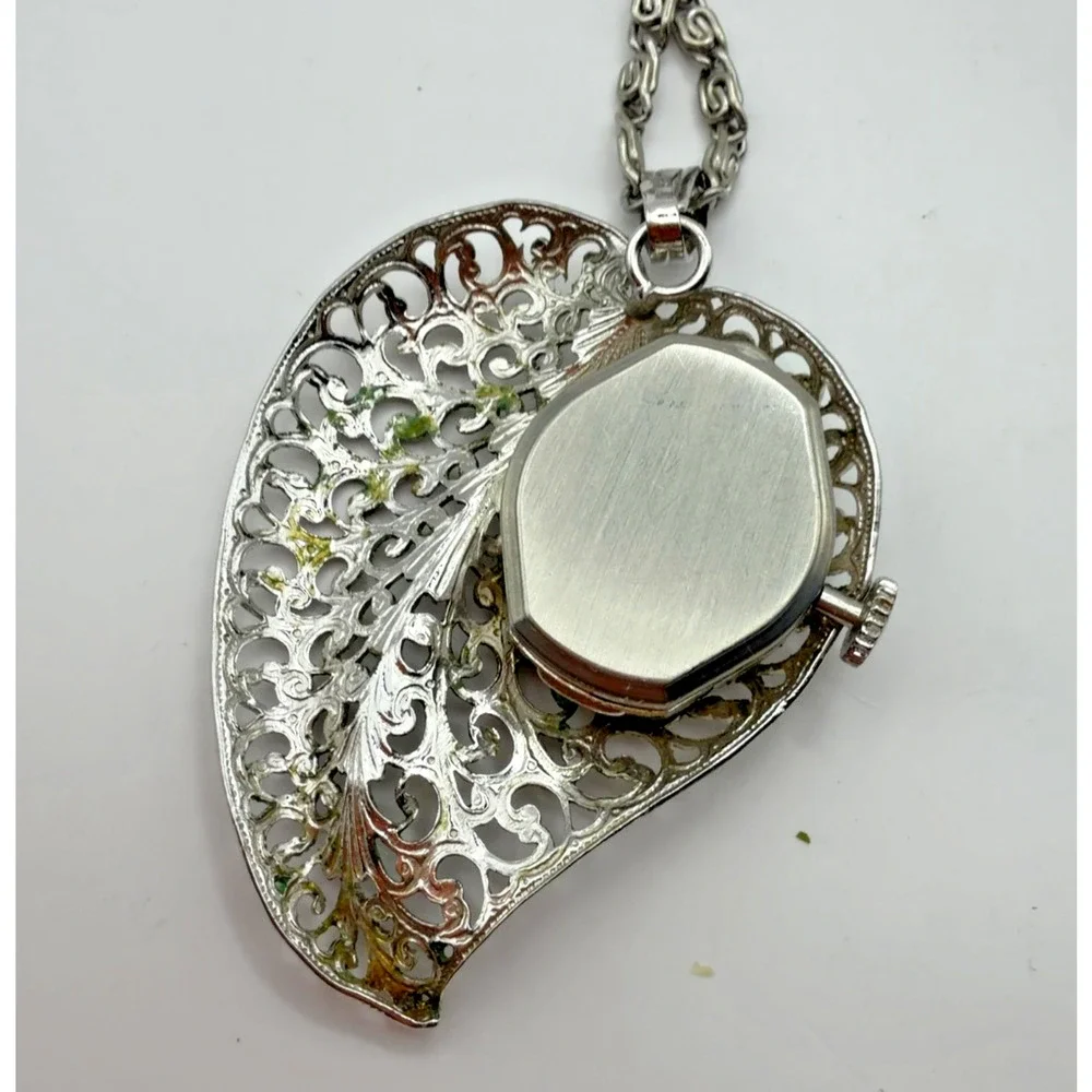 Heritage Swiss Pendant Watch Necklace Filigree Leaf Holder 1 Jewel Vintage